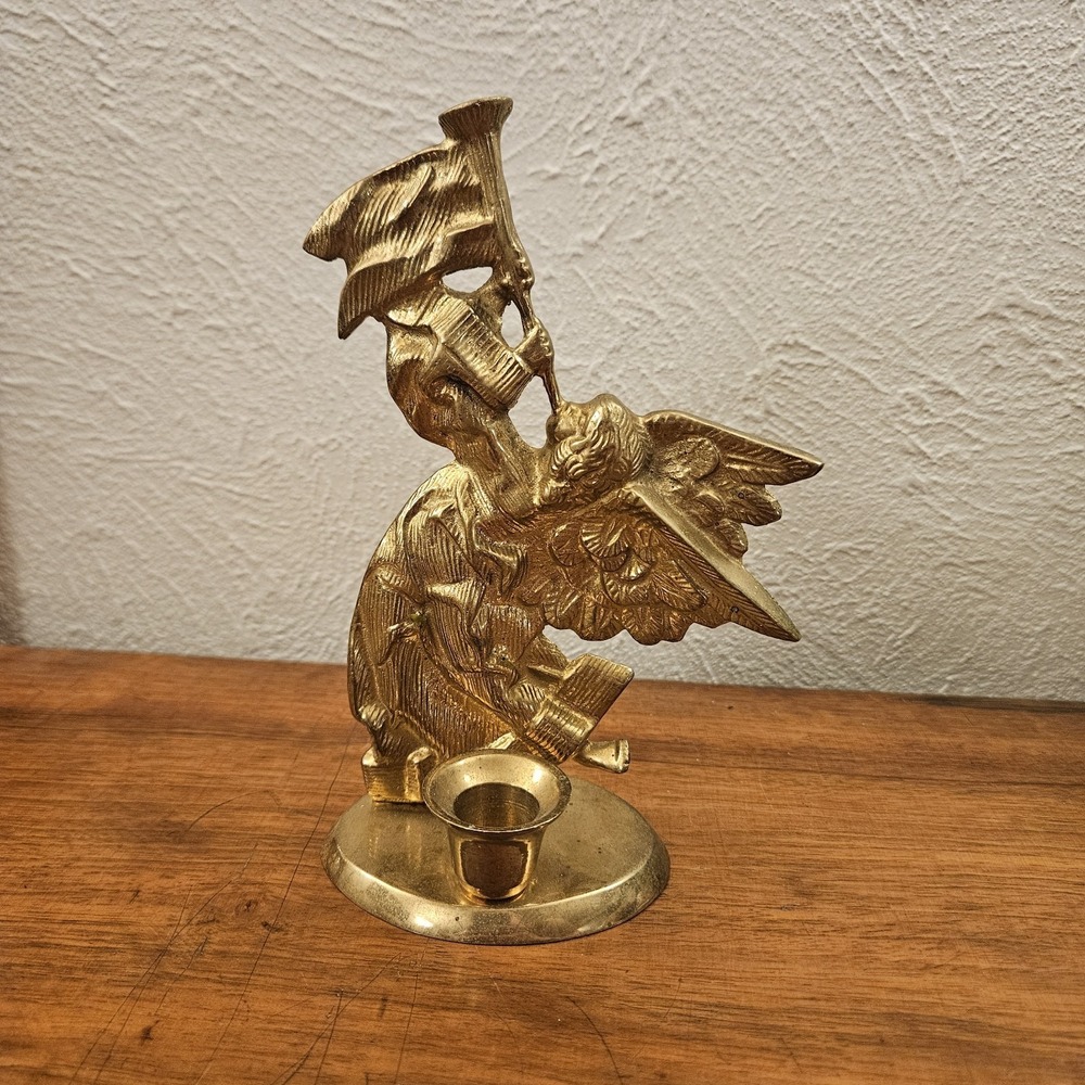 Vintage Solid Brass Angel With Horm Figurine Candle Stick Holder Made In India